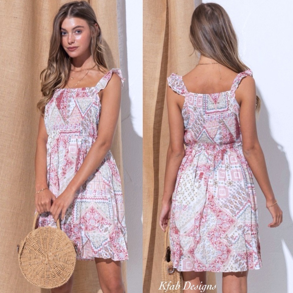 LAST 1! Boho Pink Multi Smocked Floral Ruffle Strap Dress!
